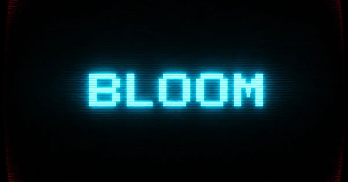 Soft CRT bloom around a cyan word on near-black