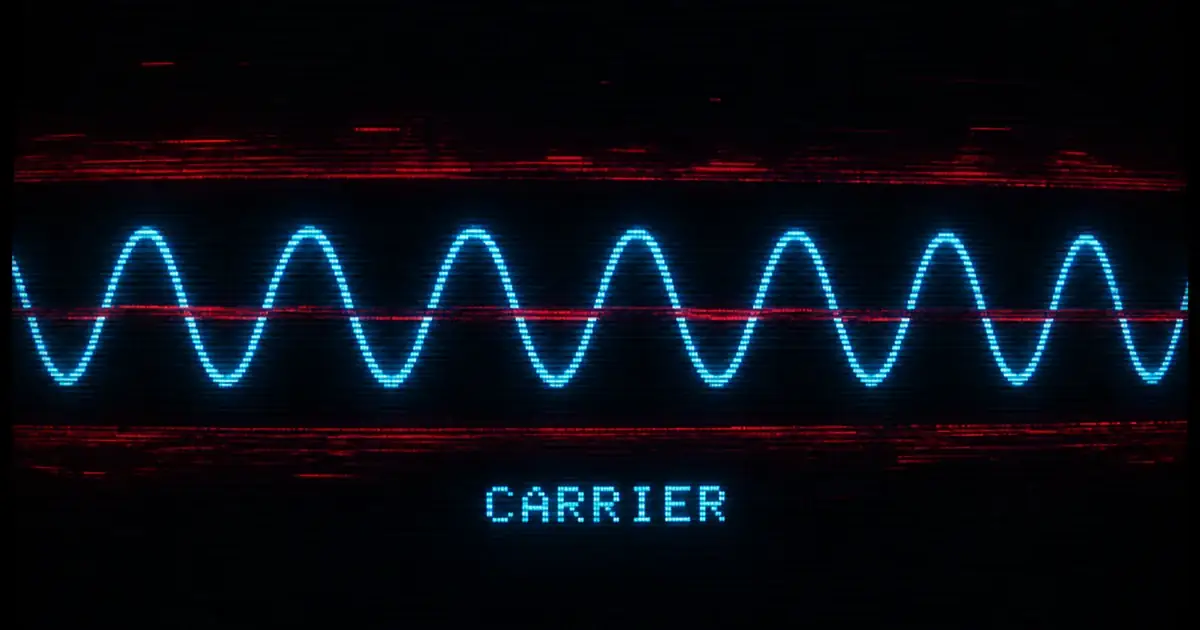 A cyan sine carrier sliced by red glitch strips