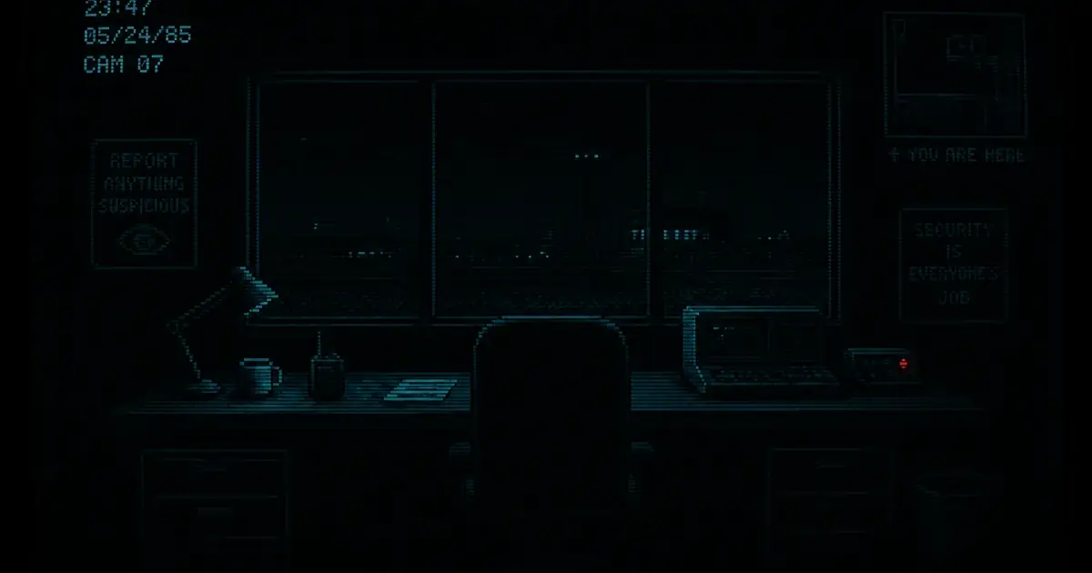 A night-watch desk silhouette in cyan on charcoal