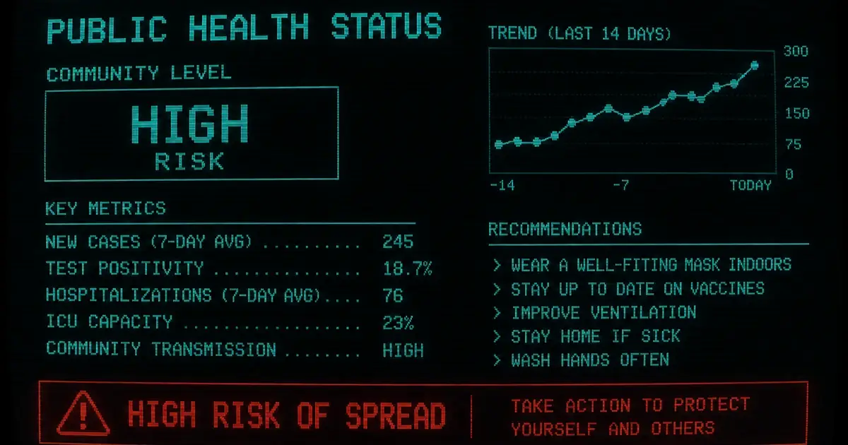 Public-health readout in cyan with a red alert strip