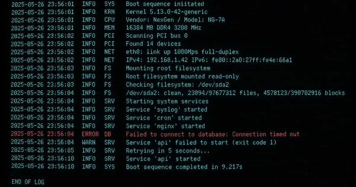 Scrolling cyan log lines with one red error row