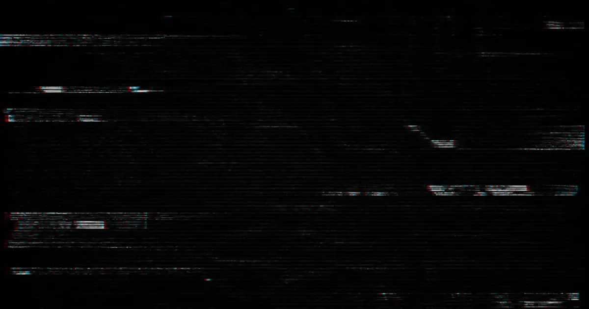 Digital grain storm on near-black with cyan/red fringe