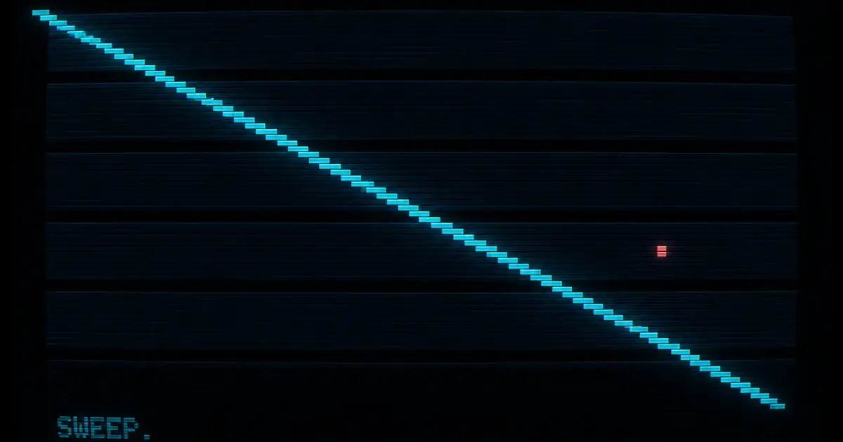 A diagonal cyan sweep across stacked dark bands