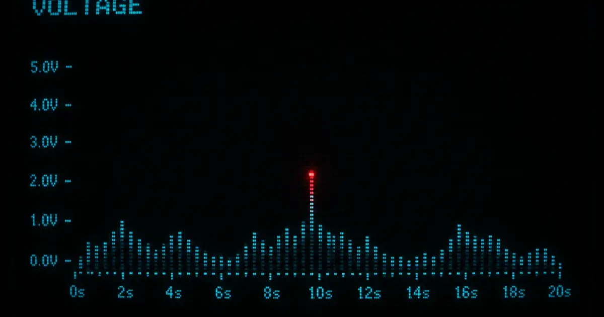 Terminal voltage ticks as cyan readouts, one red peak