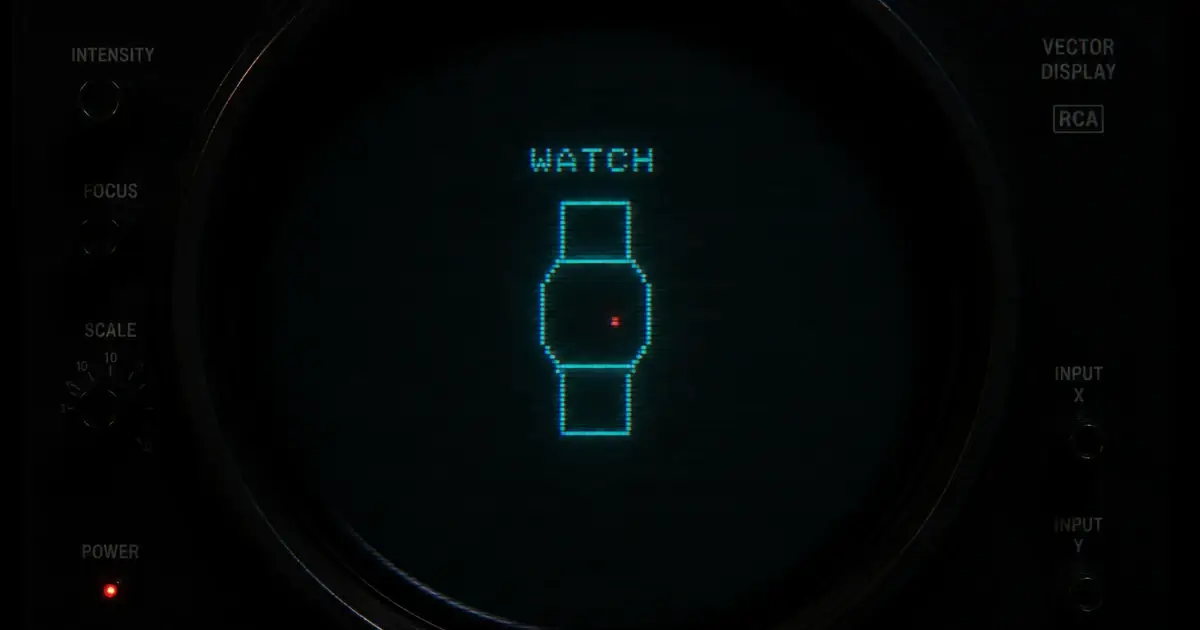 A circular CRT scope with cyan trace and red pip