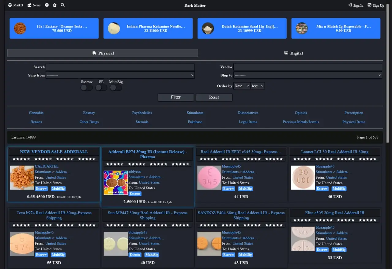 Full Dark Matter Market marketplace screenshot shown without cropping